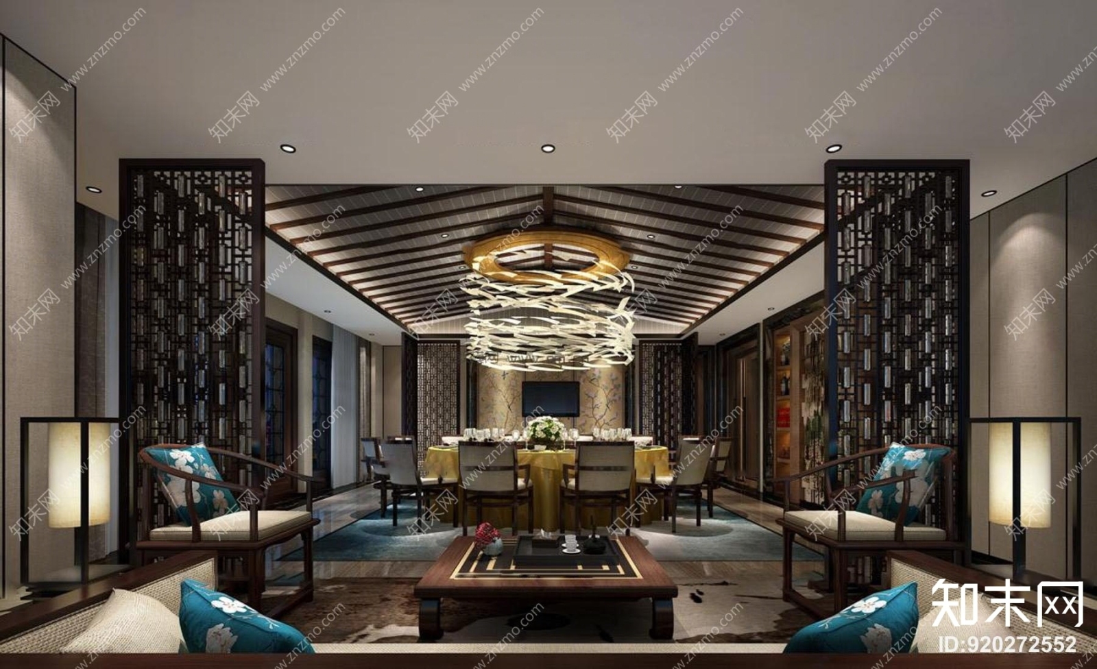 中式酒店餐厅包房沙发茶几组合3D模型下载【ID:920272552】