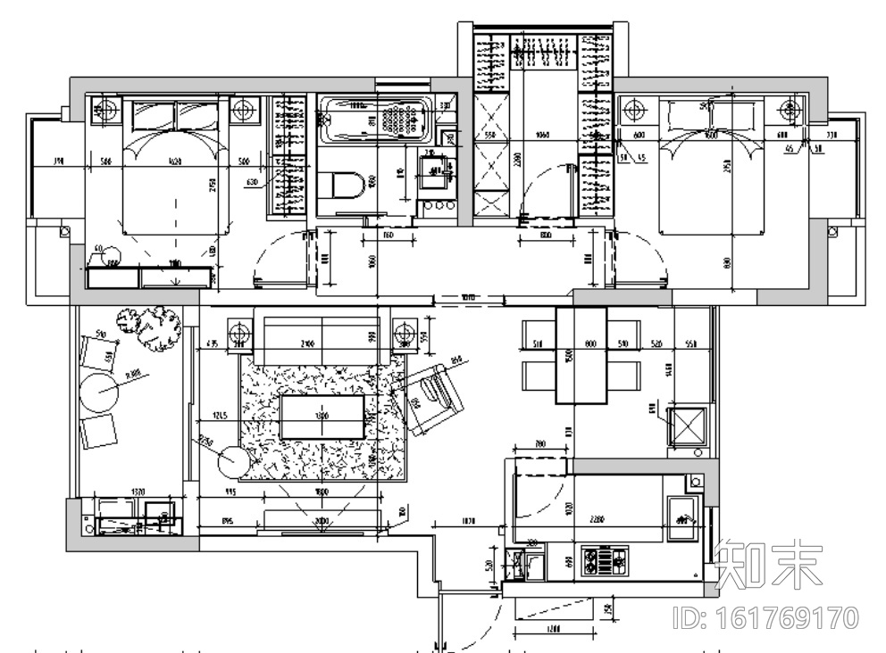 [杭州]白马山庄两居室住宅设计施工图及效果图施工图下载【ID:161769170】