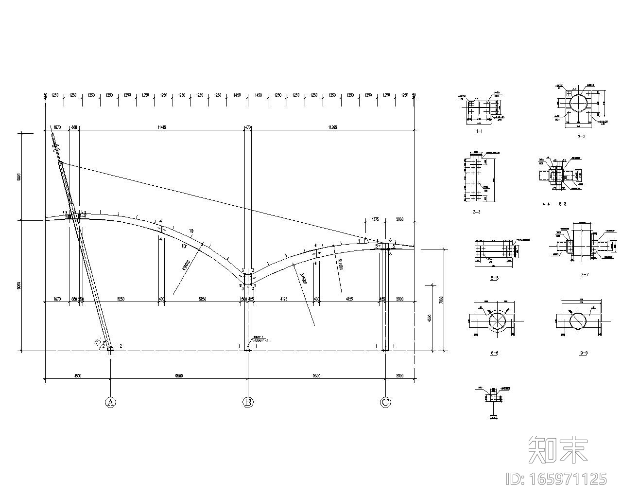 公交车站钢结构施工图（CAD）cad施工图下载【ID:165971125】