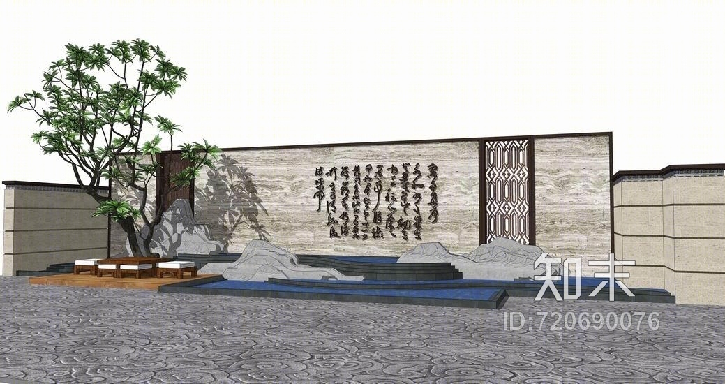 中式山水景墙SU模型下载【ID:720690076】