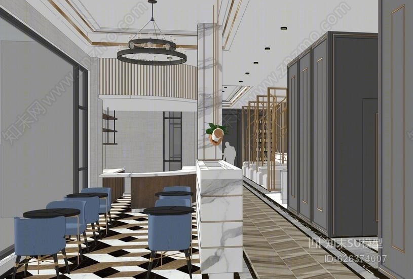 现代餐厅室内设计SU模型下载【ID:626374007】