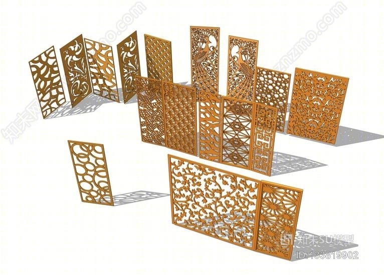 中式雕花镂空景墙组合SU模型下载【ID:133819902】