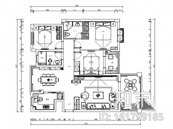 [湖南]经典简欧三居室家装室内设计施工图（含效果图）cad施工图下载【ID:161799185】