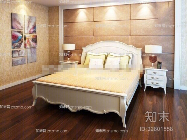 现代白色木艺床具组合3D模型下载【ID:32801558】