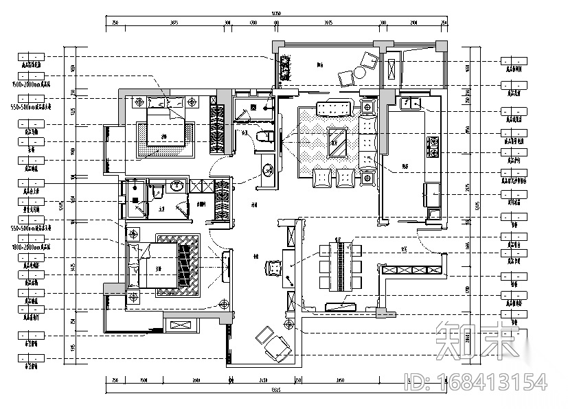 [湖北]大润发汽车新城B户型样板房设计施工图（附效果图...cad施工图下载【ID:168413154】