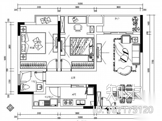 [重庆]知名楼盘欧式风情两居室样板房装修施工图cad施工图下载【ID:167173120】