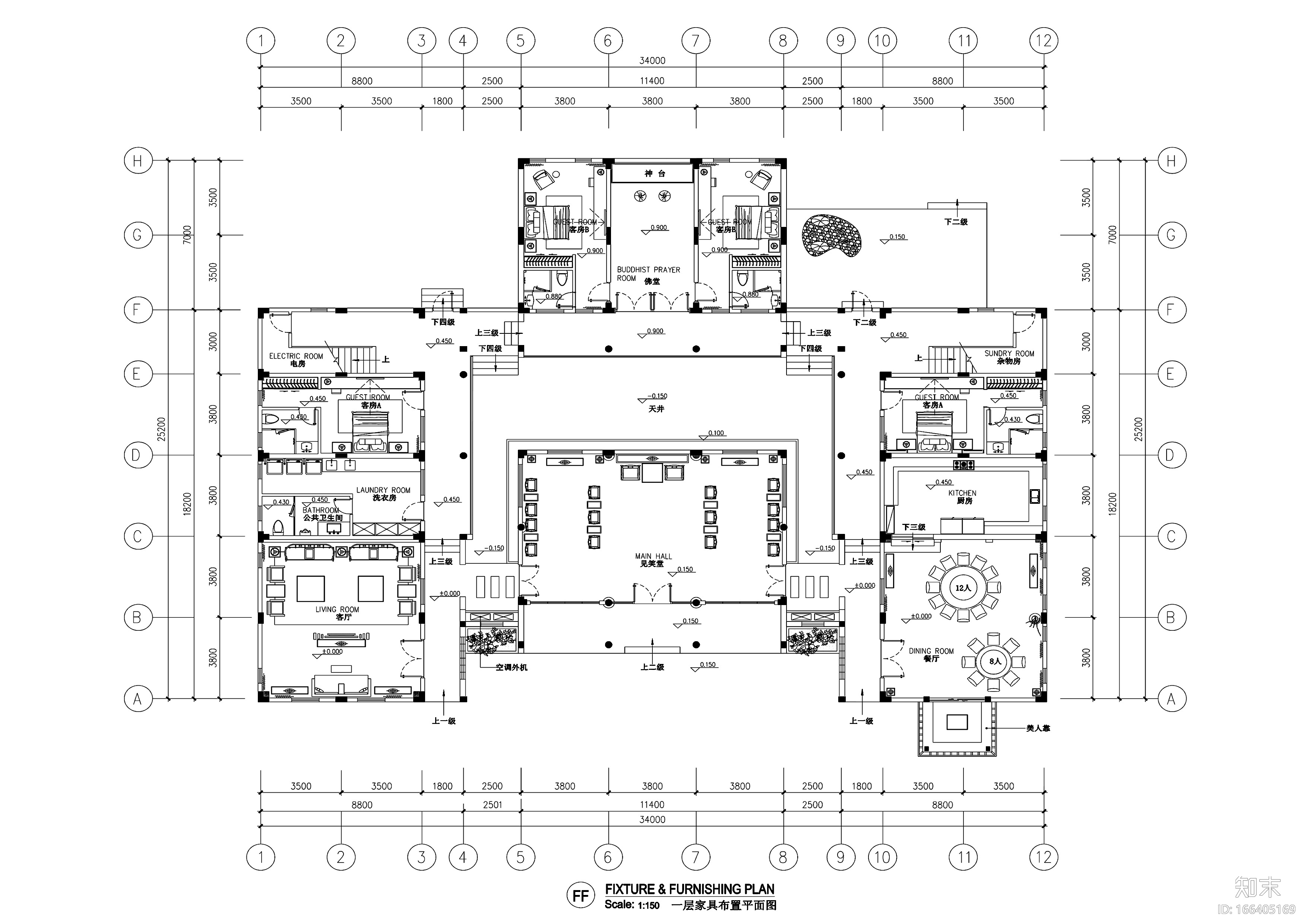 中式风格别墅室内装修施工图+效果图cad施工图下载【ID:166405169】