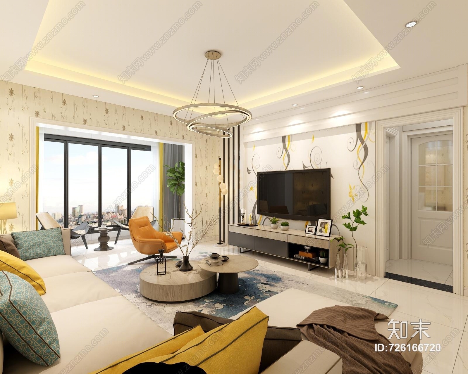 现代客厅灯具沙发阳台植物3D模型下载【ID:726166720】