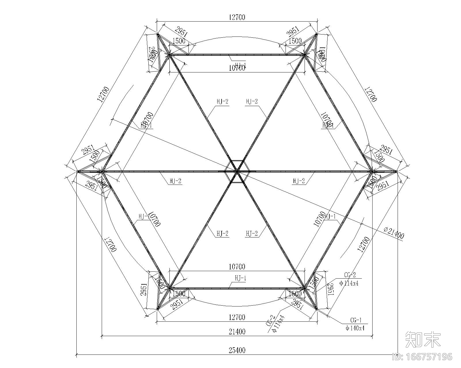 某公园六角形钢膜结构工程施工图（CAD）cad施工图下载【ID:166757196】