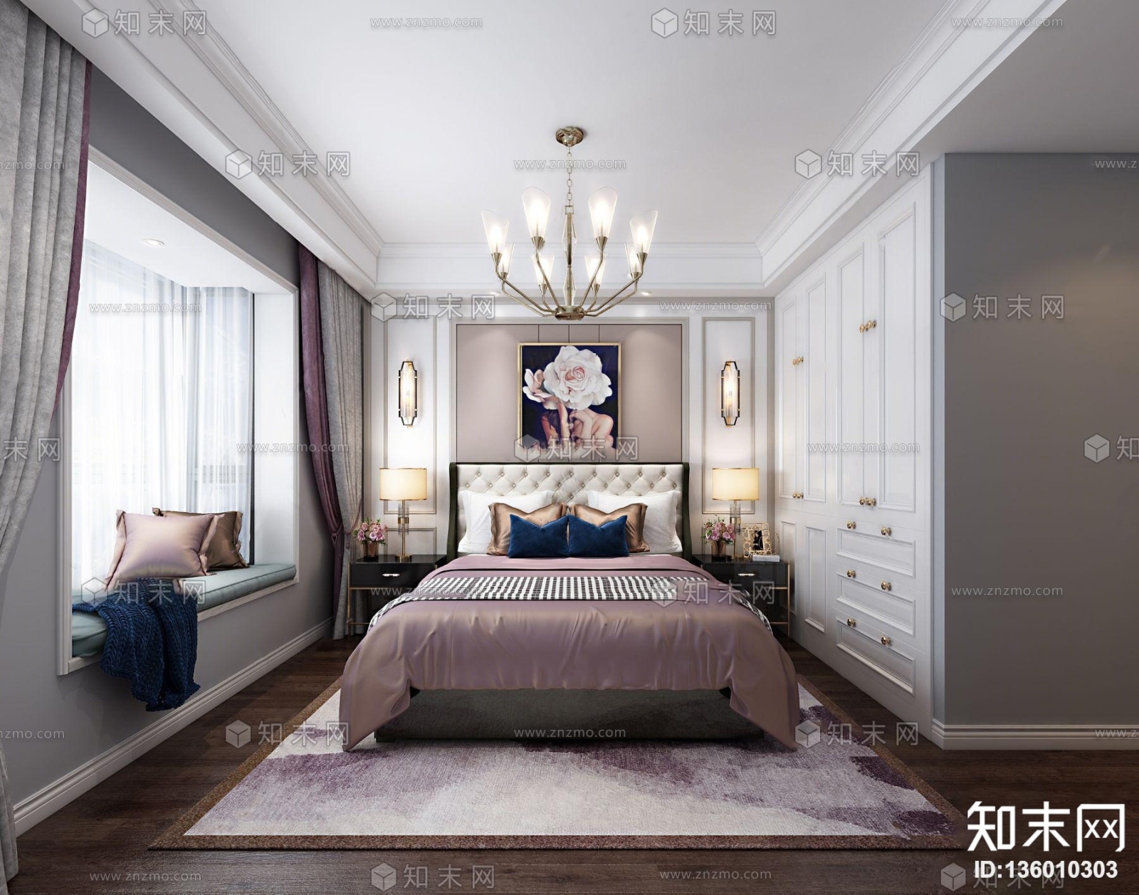 简美轻奢卧室主人房3D模型下载【ID:136010303】