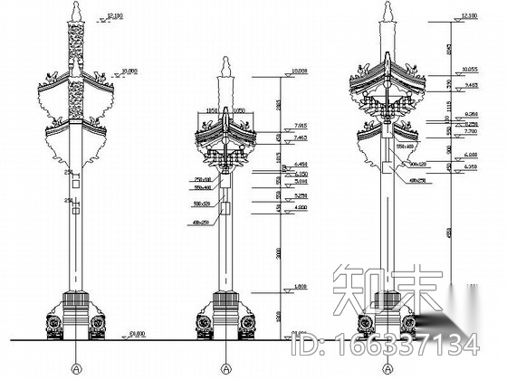 清式四柱三间三楼出头牌楼建筑方案图cad施工图下载【ID:166337134】