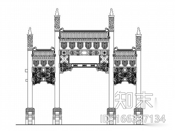 清式四柱三间三楼出头牌楼建筑方案图cad施工图下载【ID:166337134】