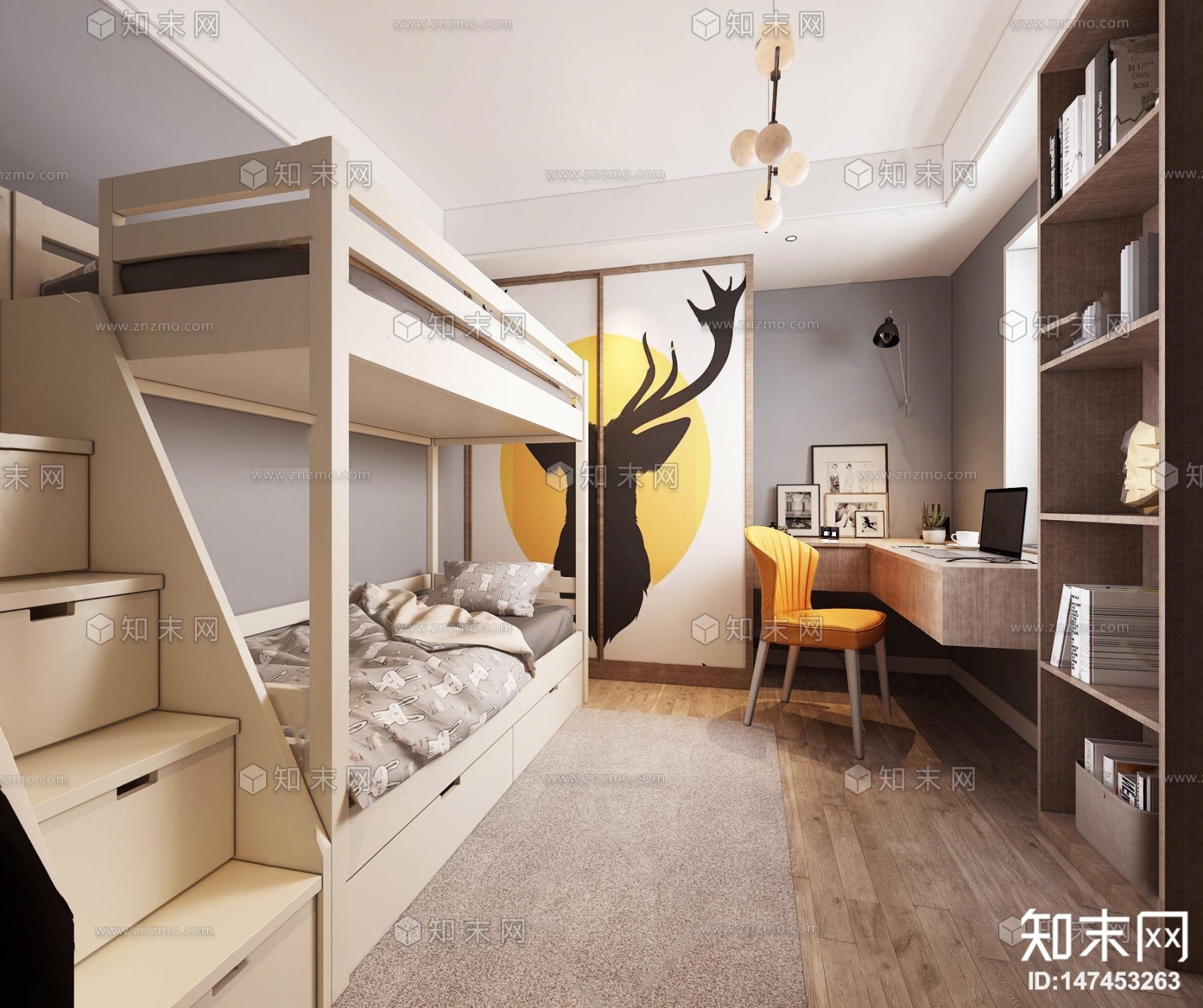 北欧上下铺小孩房3D模型下载【ID:147453263】