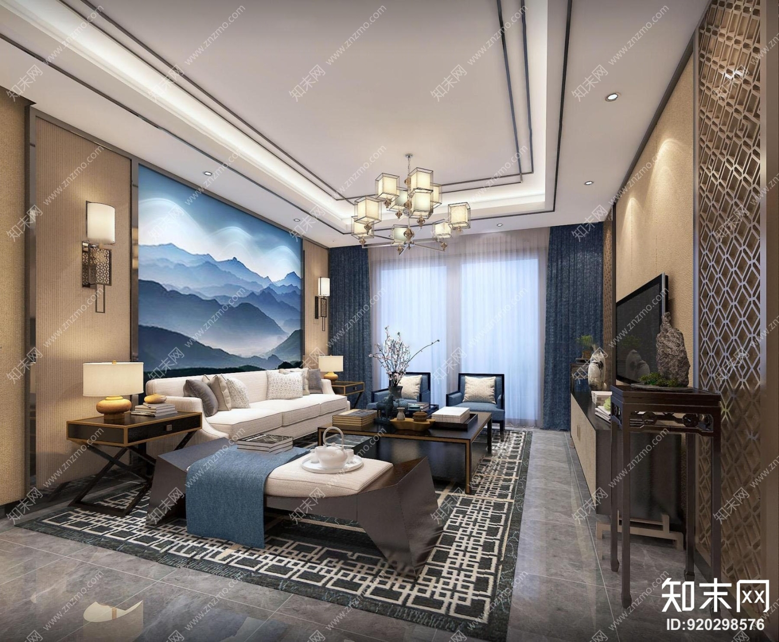 中式客厅花架组合3D模型下载【ID:920298576】