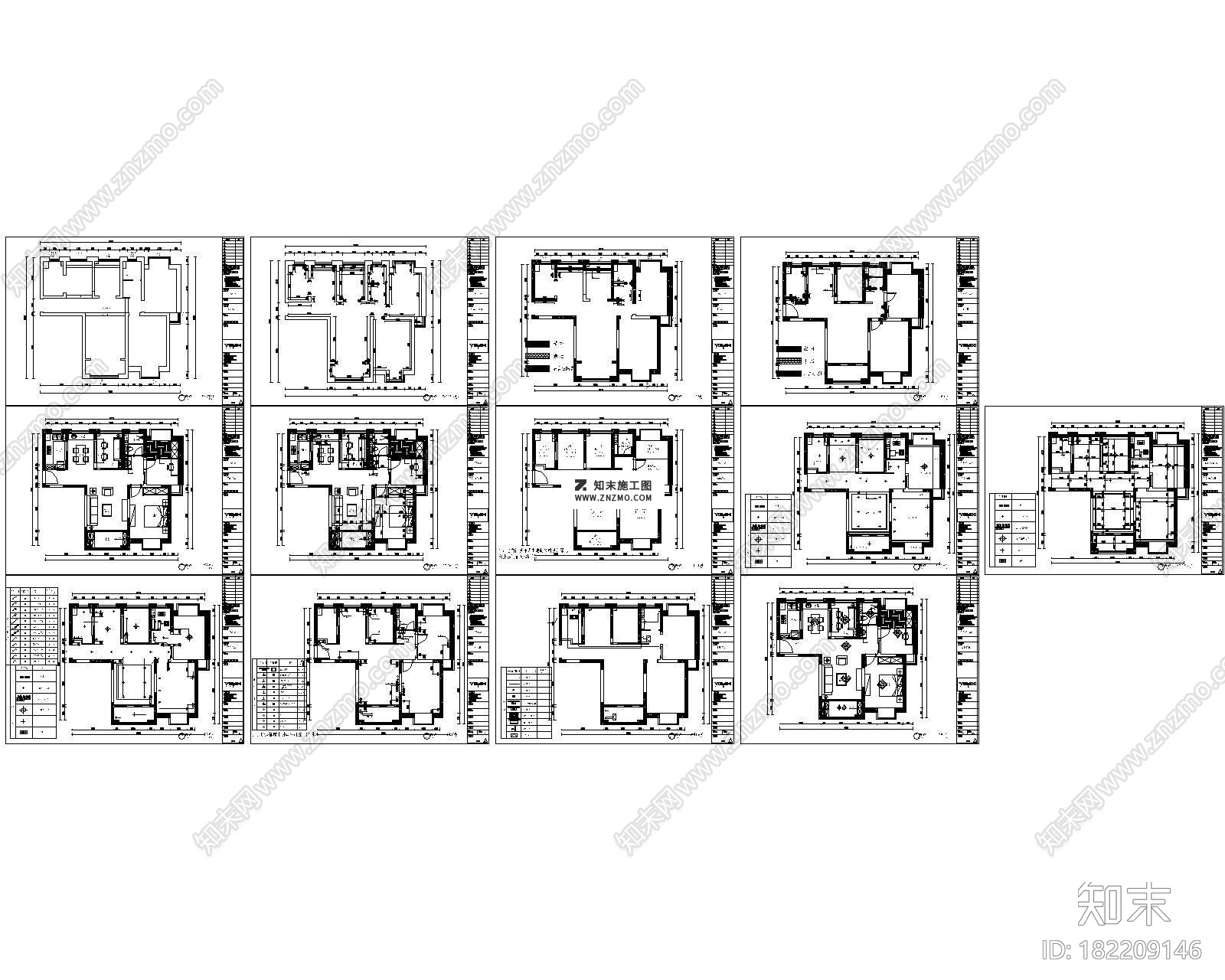 美式三室两厅湖墅经典CAD施工图带效果图套图，湖墅CAD建筑图纸下载施工图下载【ID:182209146】