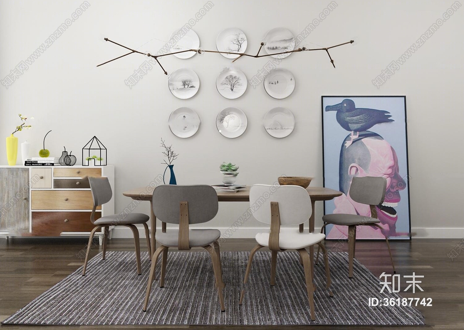北欧实木餐桌椅餐边柜组合3D模型下载【ID:36187742】