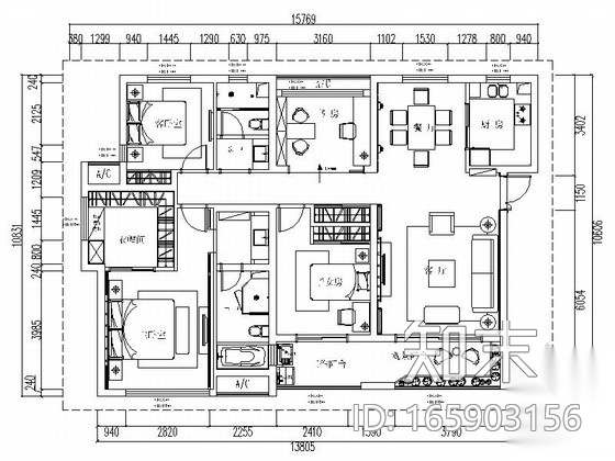 [上海]东方意韵现代新中式四居室CAD装修施工图（含效果...施工图下载【ID:165903156】