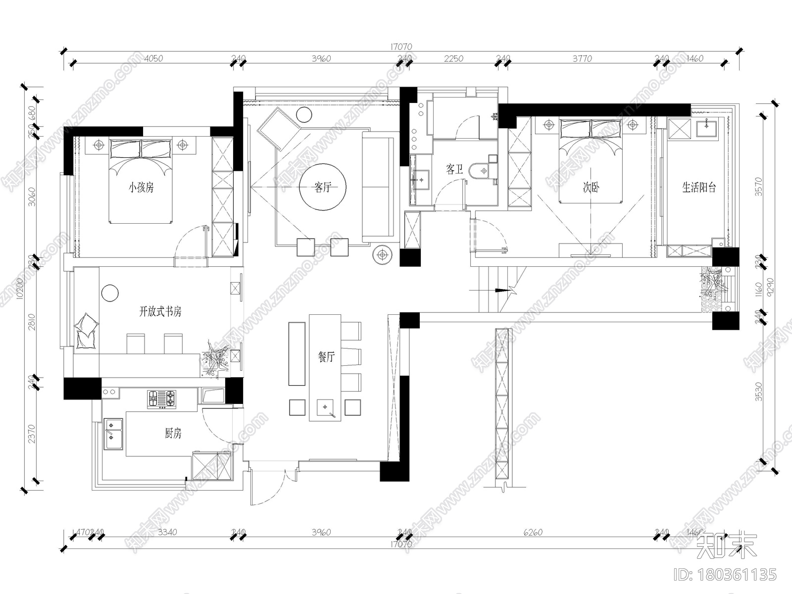 [上海]190m²二居室家装样板间施工图+3D模型施工图下载【ID:180361135】