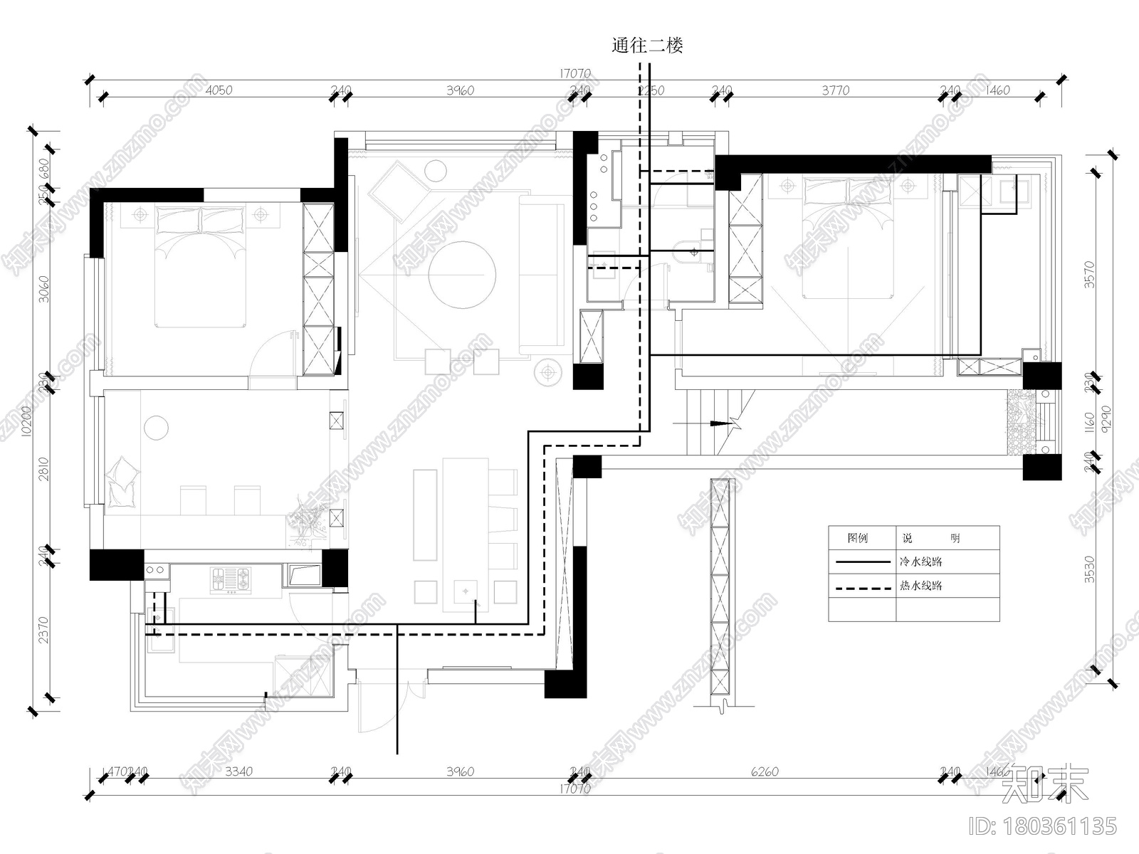 [上海]190m²二居室家装样板间施工图+3D模型施工图下载【ID:180361135】