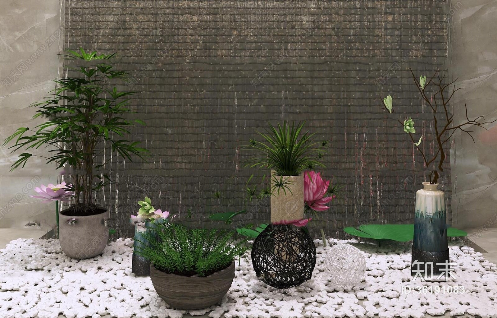 现代植物水景盆栽3D模型下载【ID:36191083】