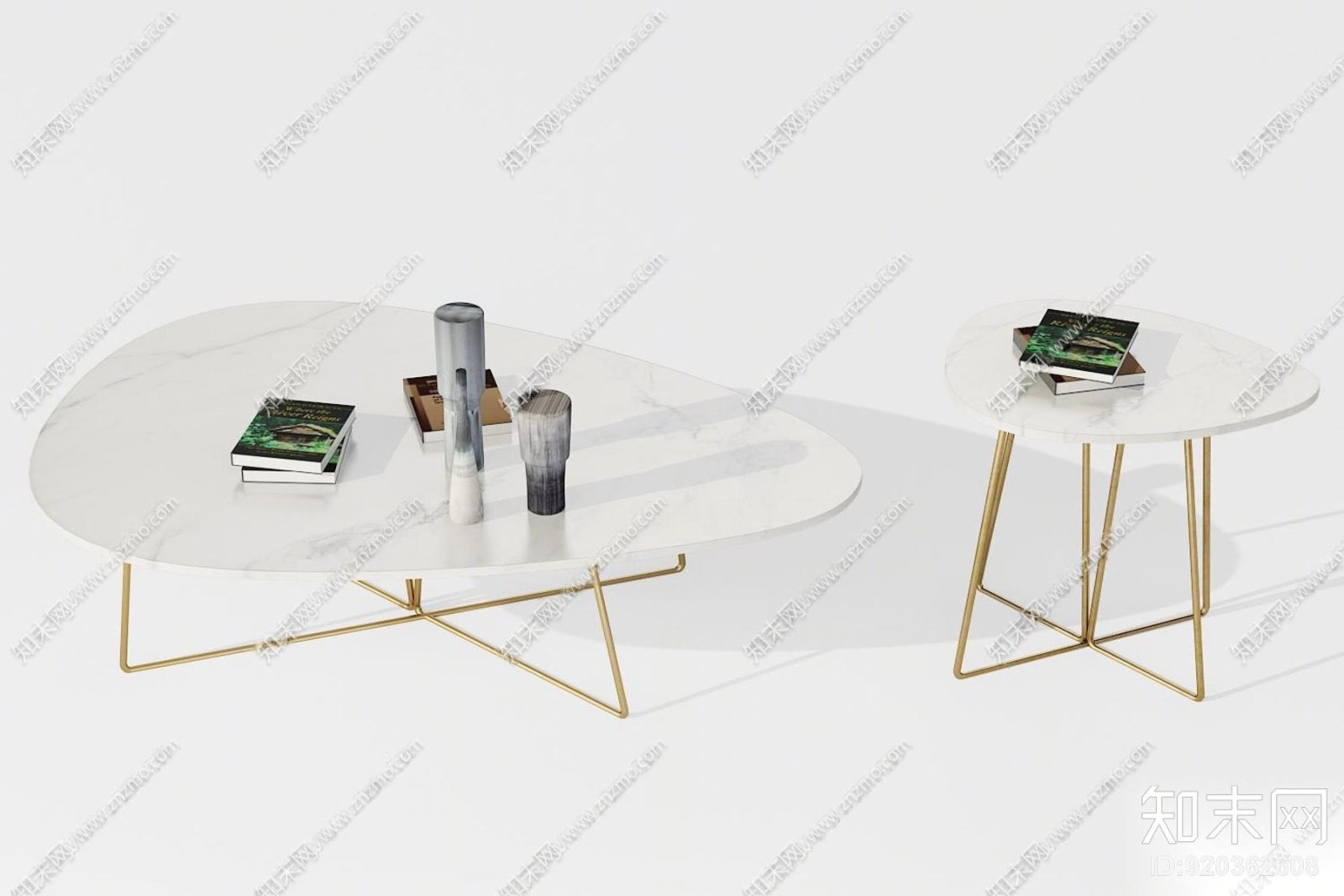 北欧金属大理石茶几花瓶摆件组合3D模型下载【ID:920362608】
