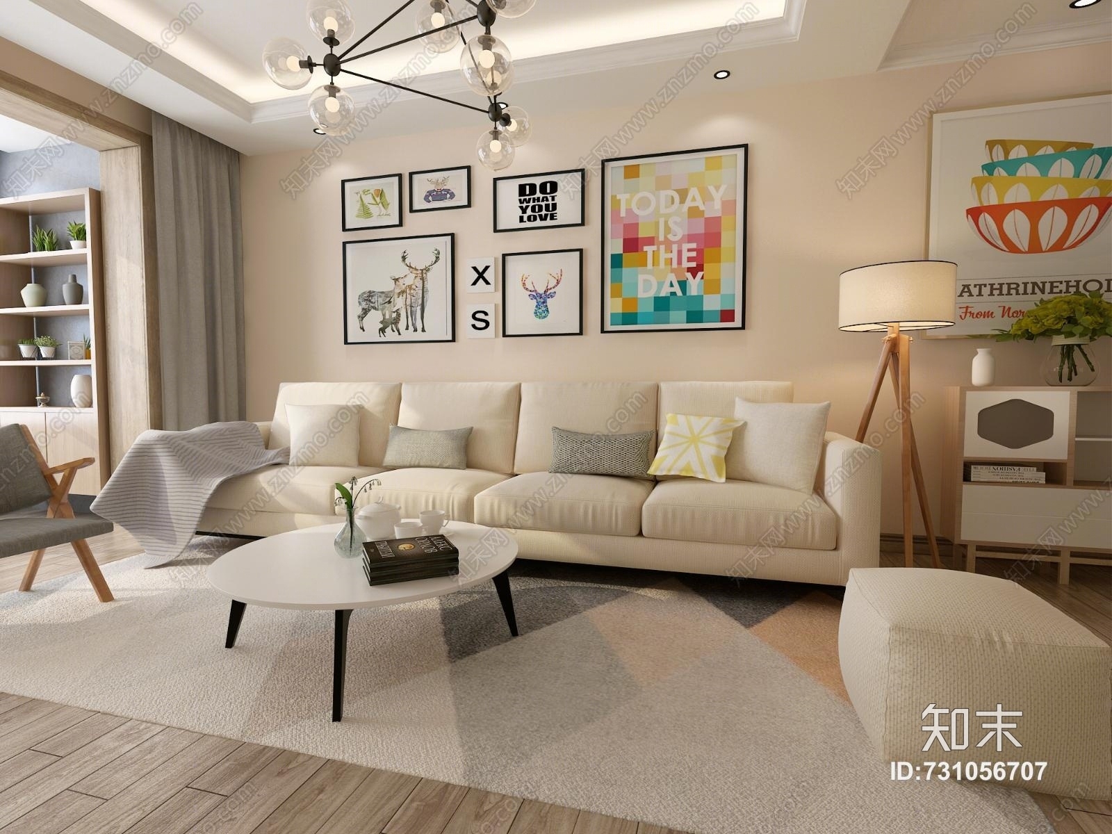 北欧客厅挂画组合吊灯吊顶茶几沙发组合地毯置物柜3D模型下载【ID:731056707】