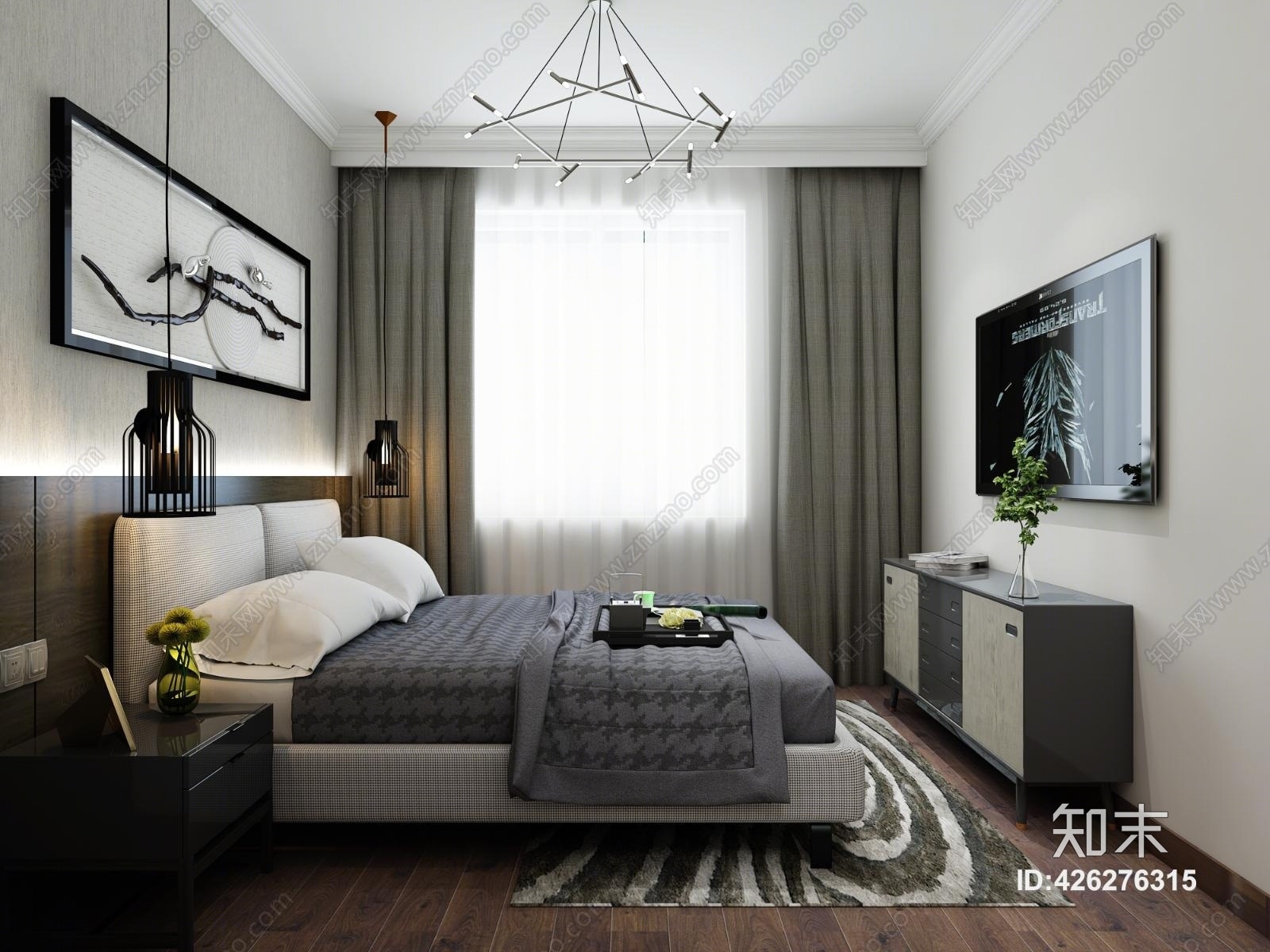 现代卧室灯具电视柜挂画3D模型下载【ID:426276315】