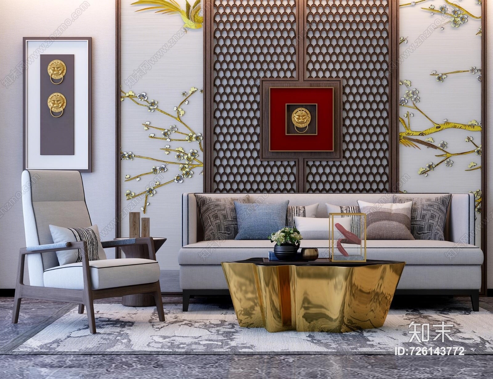 新中式沙发茶几组合3D模型下载【ID:726143772】