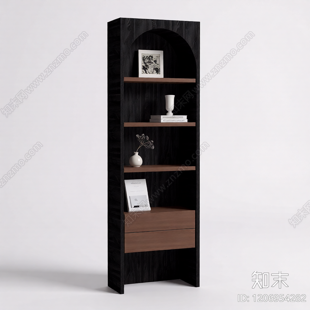 黑木书柜带装饰品3D模型下载【ID:1206954282】