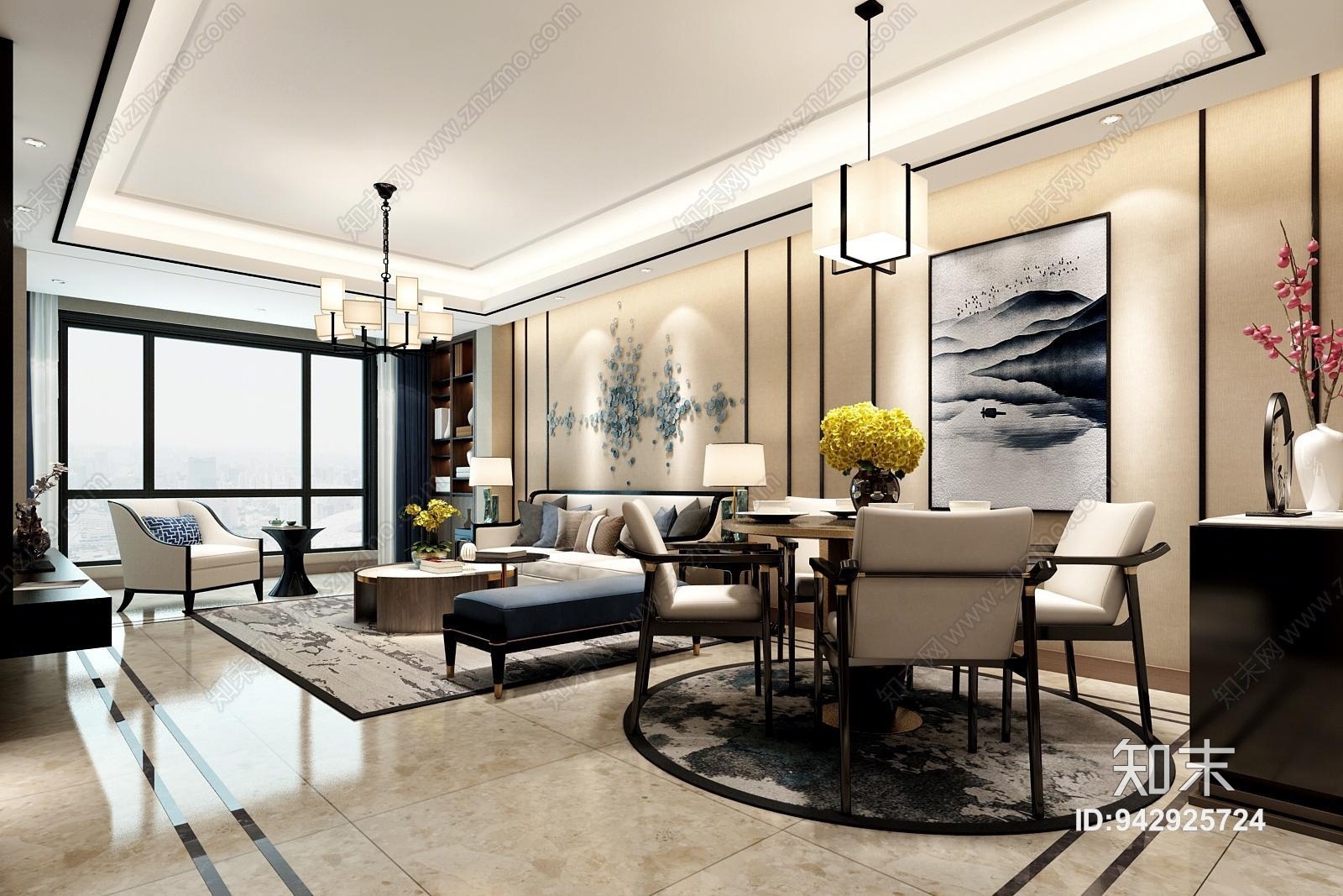 新中式现代客餐厅3D模型下载【ID:942925724】