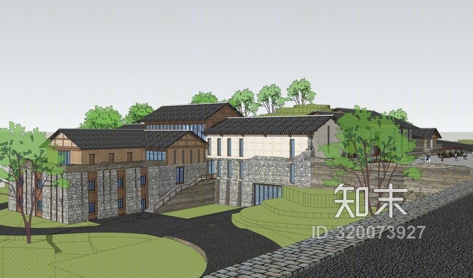 中式游客服务中心+中式车站旅馆SU模型下载【ID:320073927】