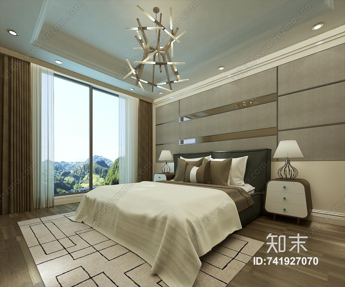 现代背景双人床床头柜组合3D模型下载【ID:741927070】