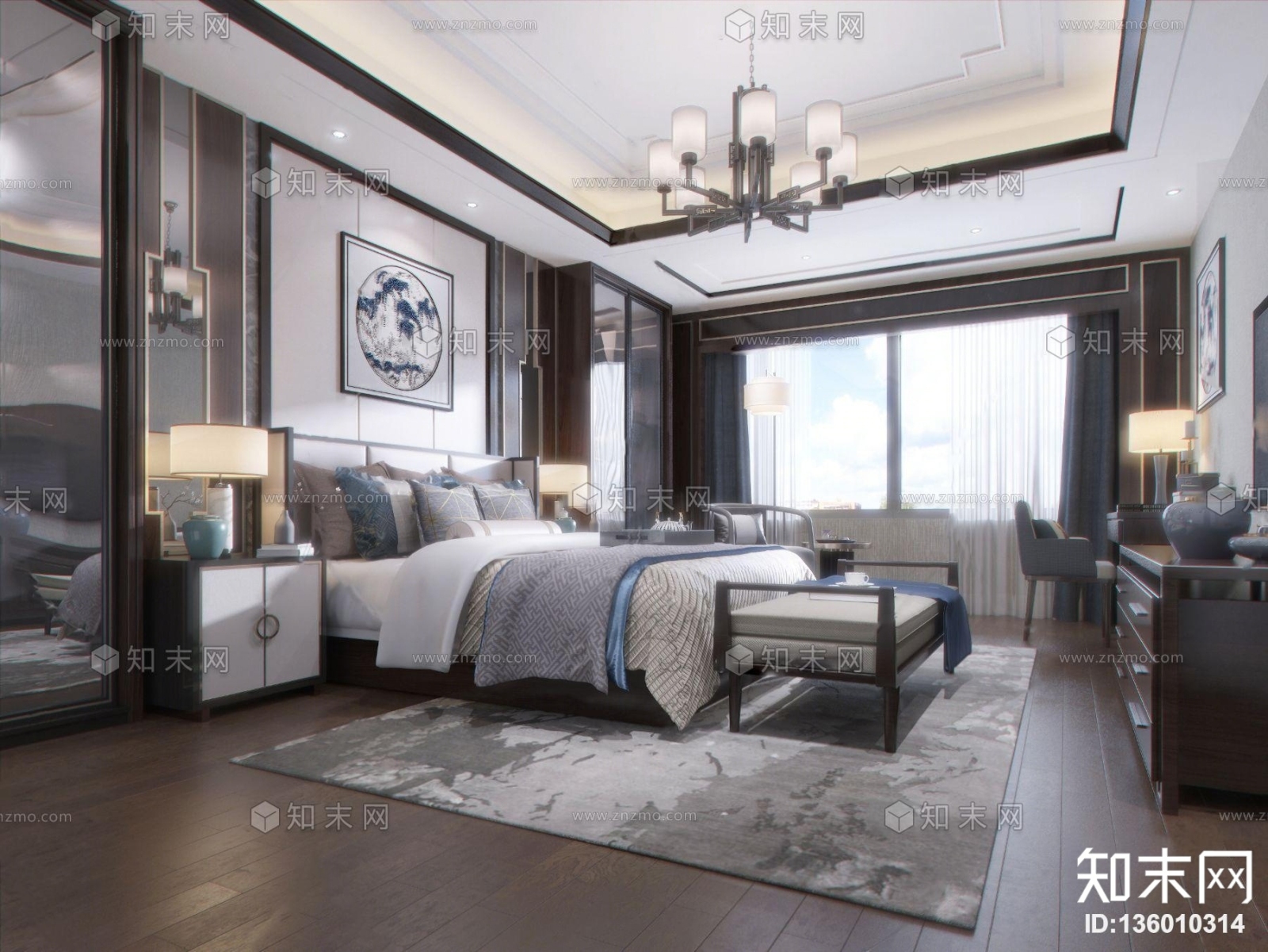 新中式卧室主人房3D模型下载【ID:136010314】