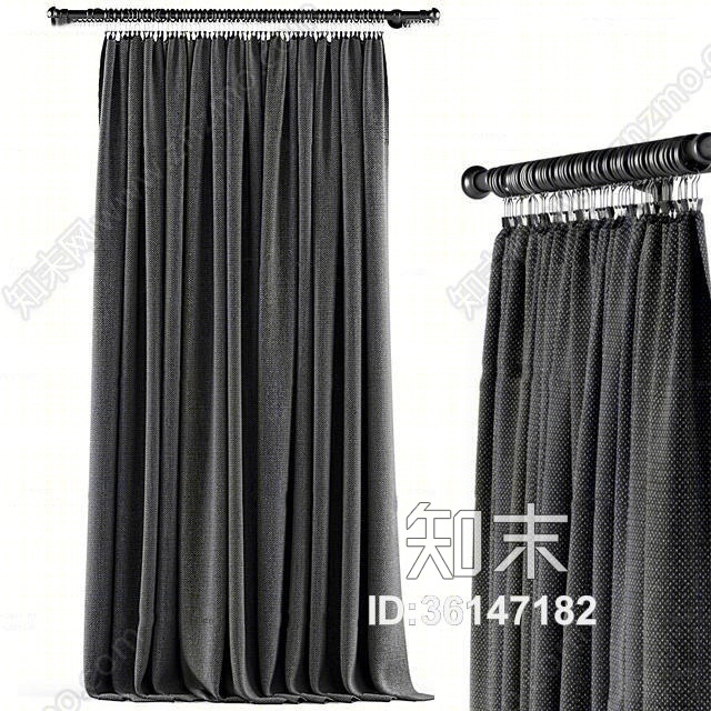 现代黑色布艺窗帘3D模型下载【ID:36147182】