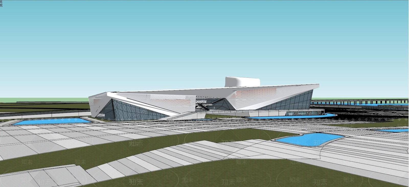 现代展览馆建筑外观SU模型下载【ID:1124880260】