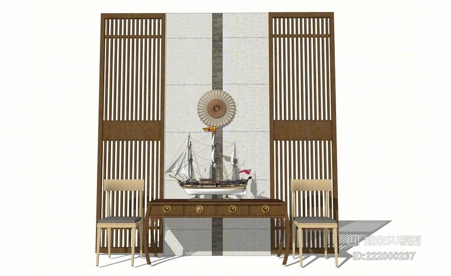 中式玄关柜背景墙组合SU模型下载【ID:222000237】