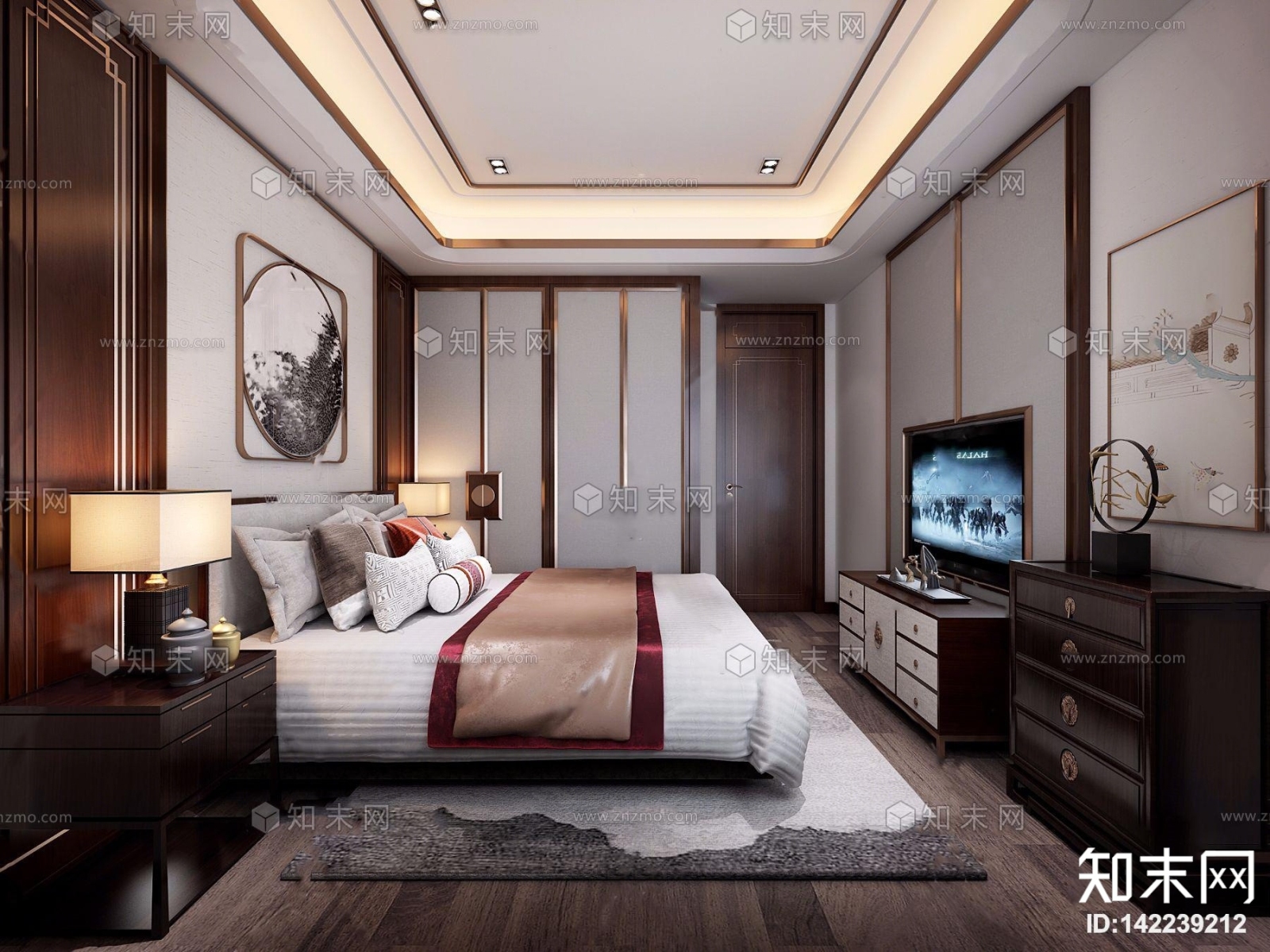 新中式卧室3D模型下载【ID:142239212】