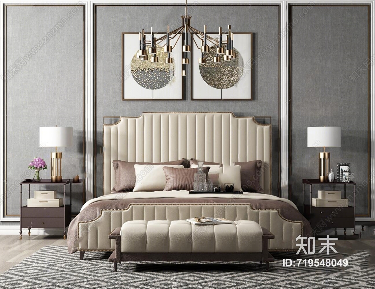 后现代皮革双人床床头柜灯具摆件组合3D模型下载【ID:719548049】