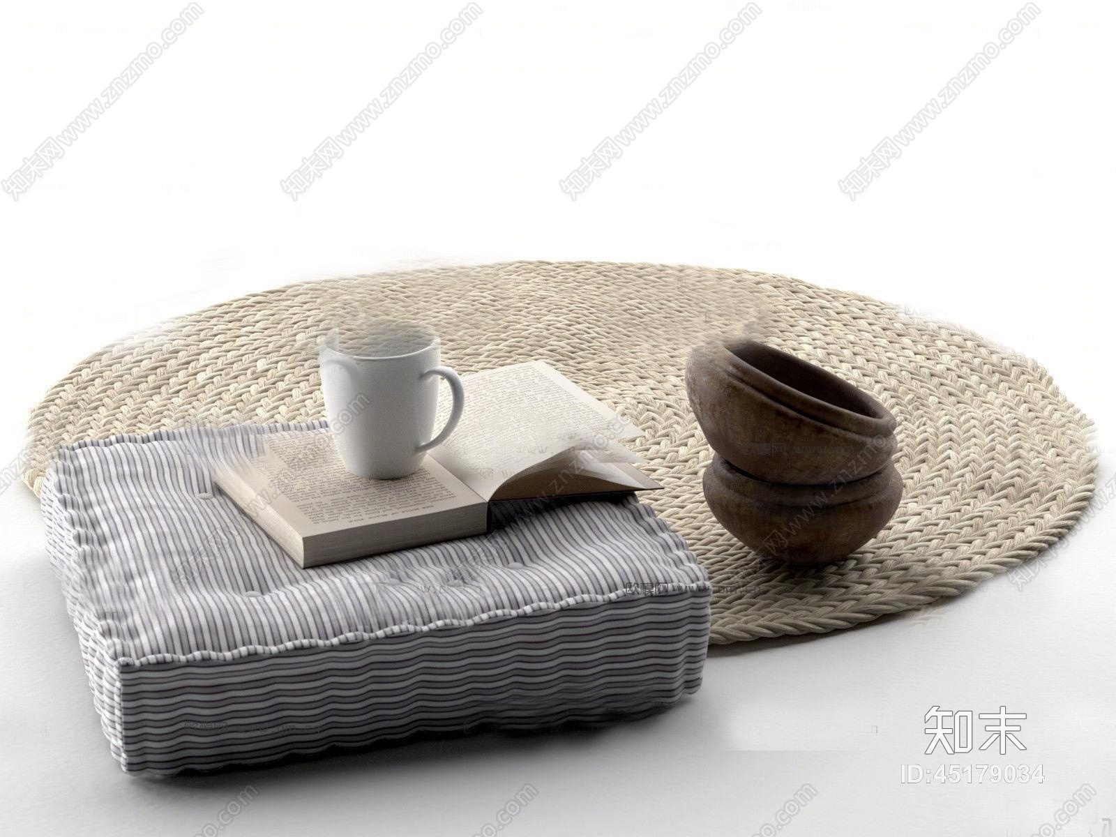 现代蒲团坐垫书籍水杯组合3D模型下载【ID:45179034】