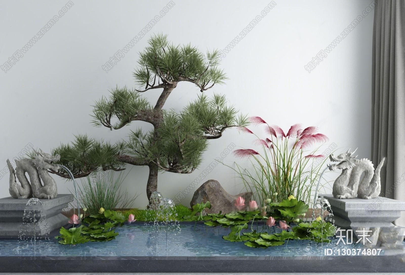 新中式松树石雕水景3D模型下载【ID:130374807】