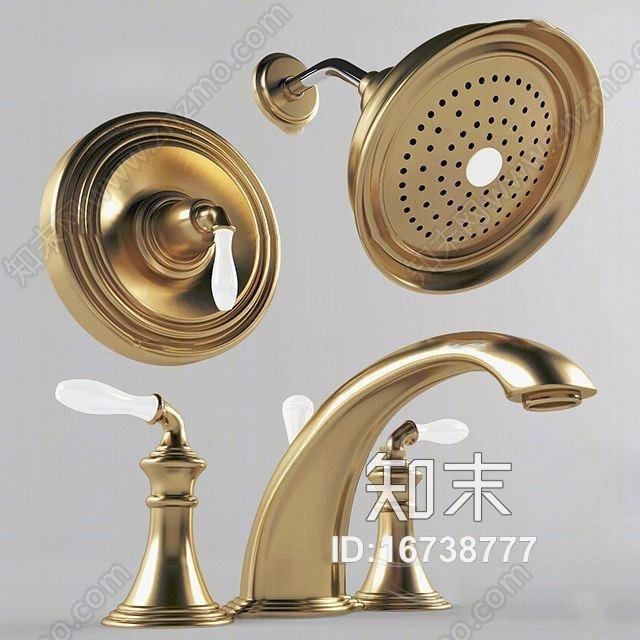 欧式铜质花洒水龙头组合3D模型下载【ID:16738777】