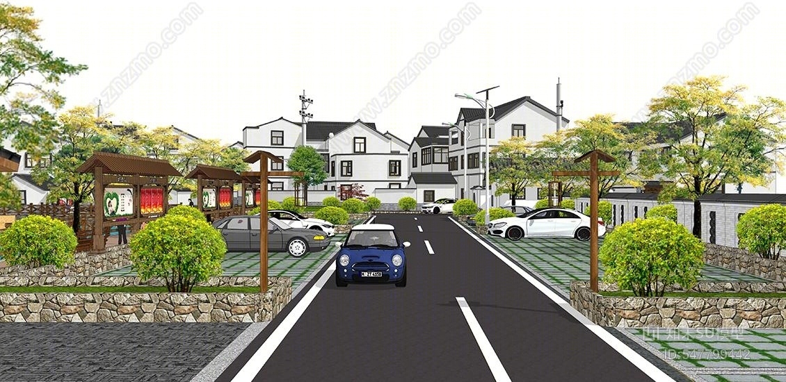 新中式乡村景观SU模型下载【ID:547799442】