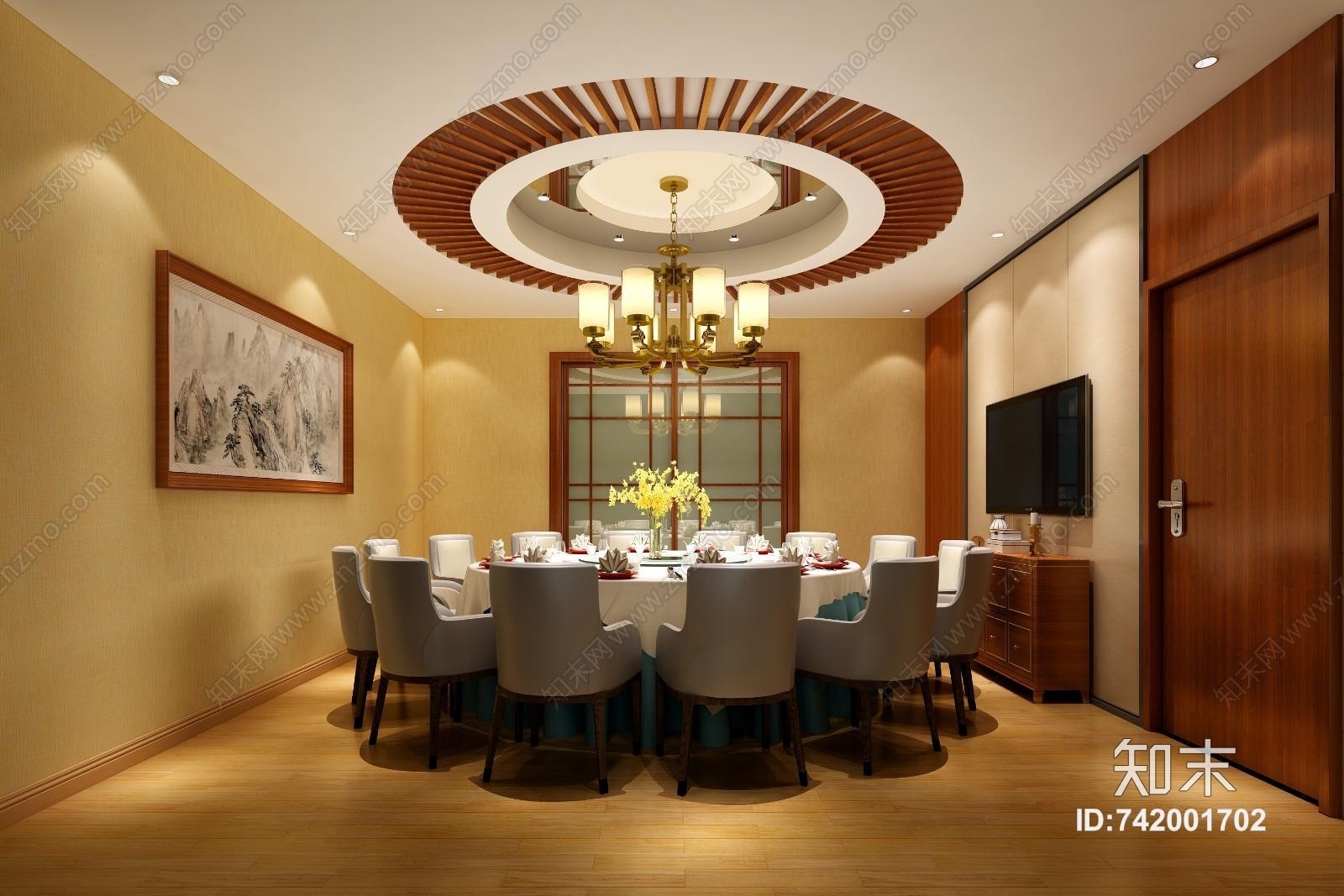 新中式暨南大学华文学院三层食堂包厢3D模型下载【ID:742001702】