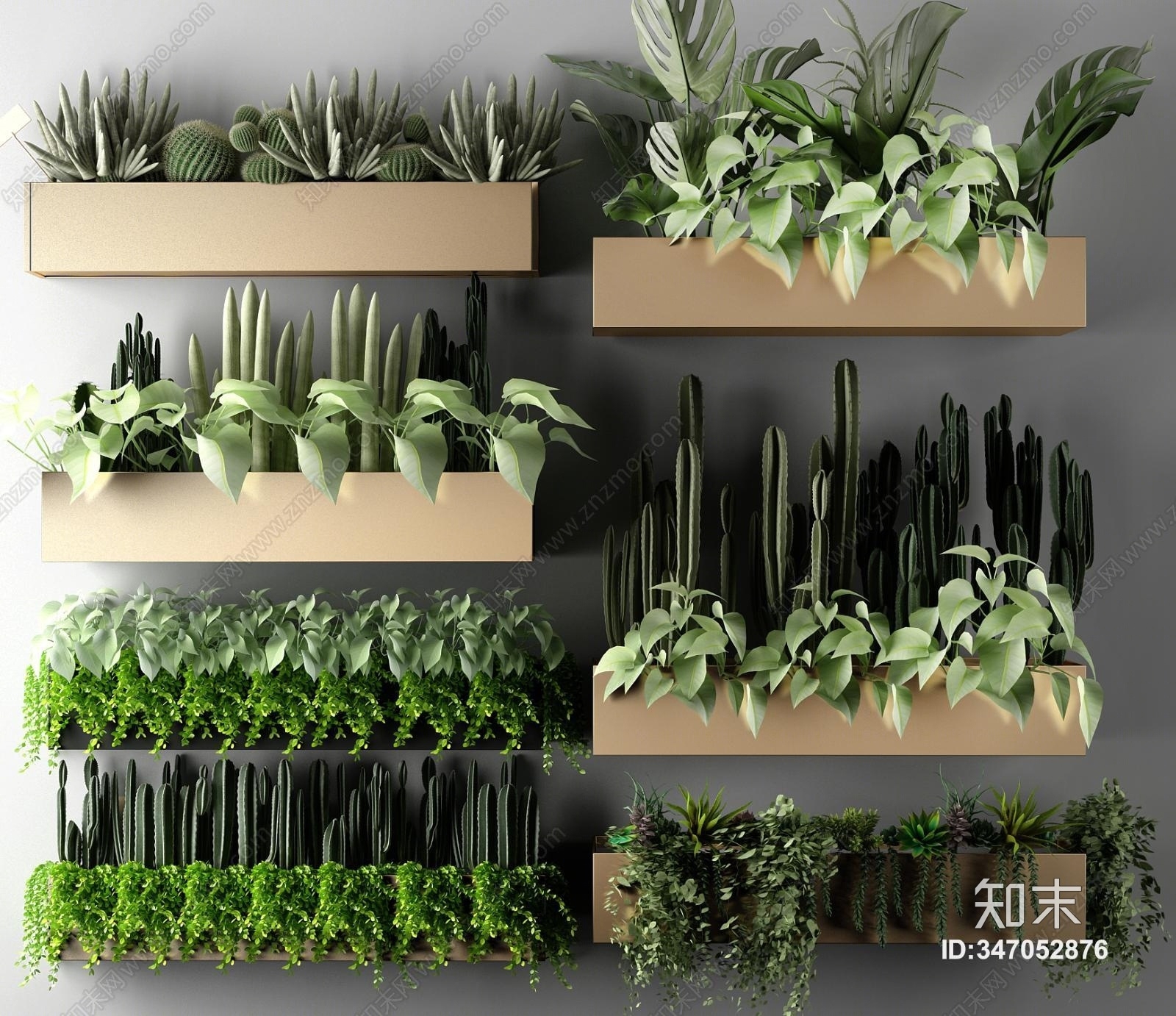 现代植物盆栽户外花草墙挂组合3D模型下载【ID:347052876】