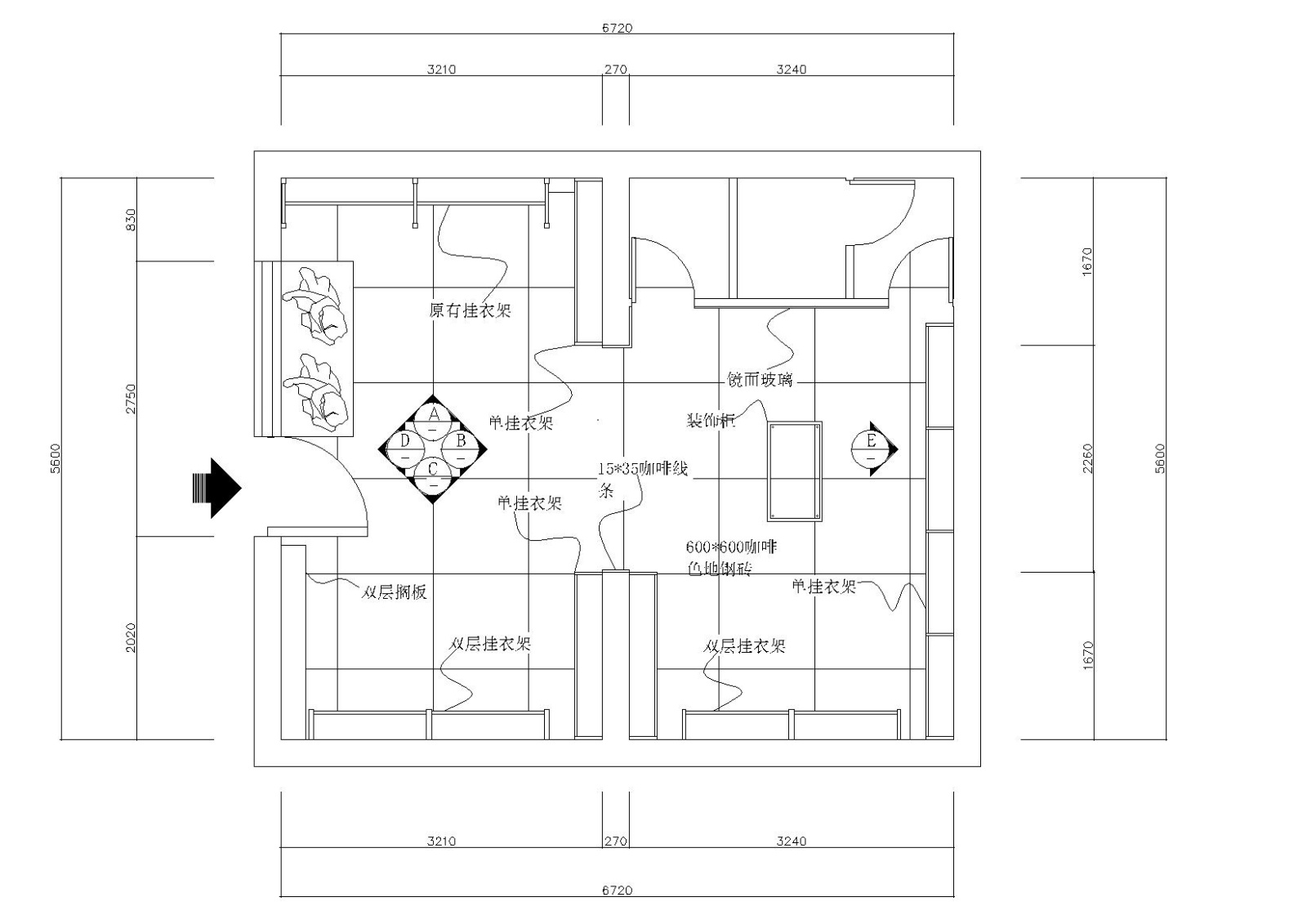 [学生设计]38平方简单服装店装修施工图纸cad施工图下载【ID:160704184】