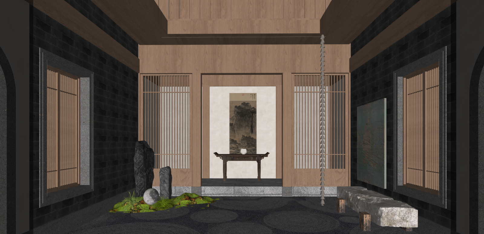 中式民宿大堂SU模型下载【ID:1216033895】