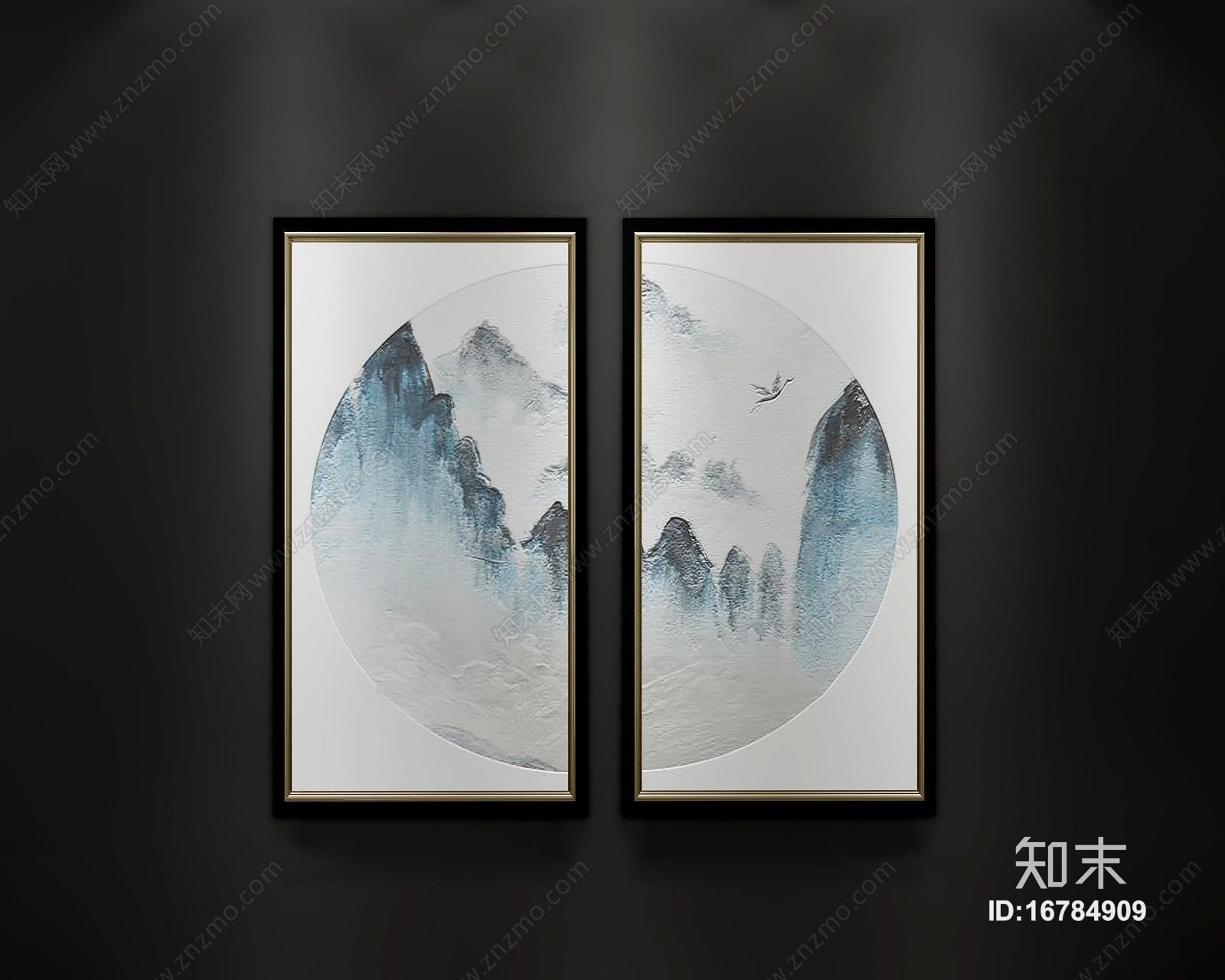 新中式水墨画装饰画挂画组合3D模型下载【ID:16784909】