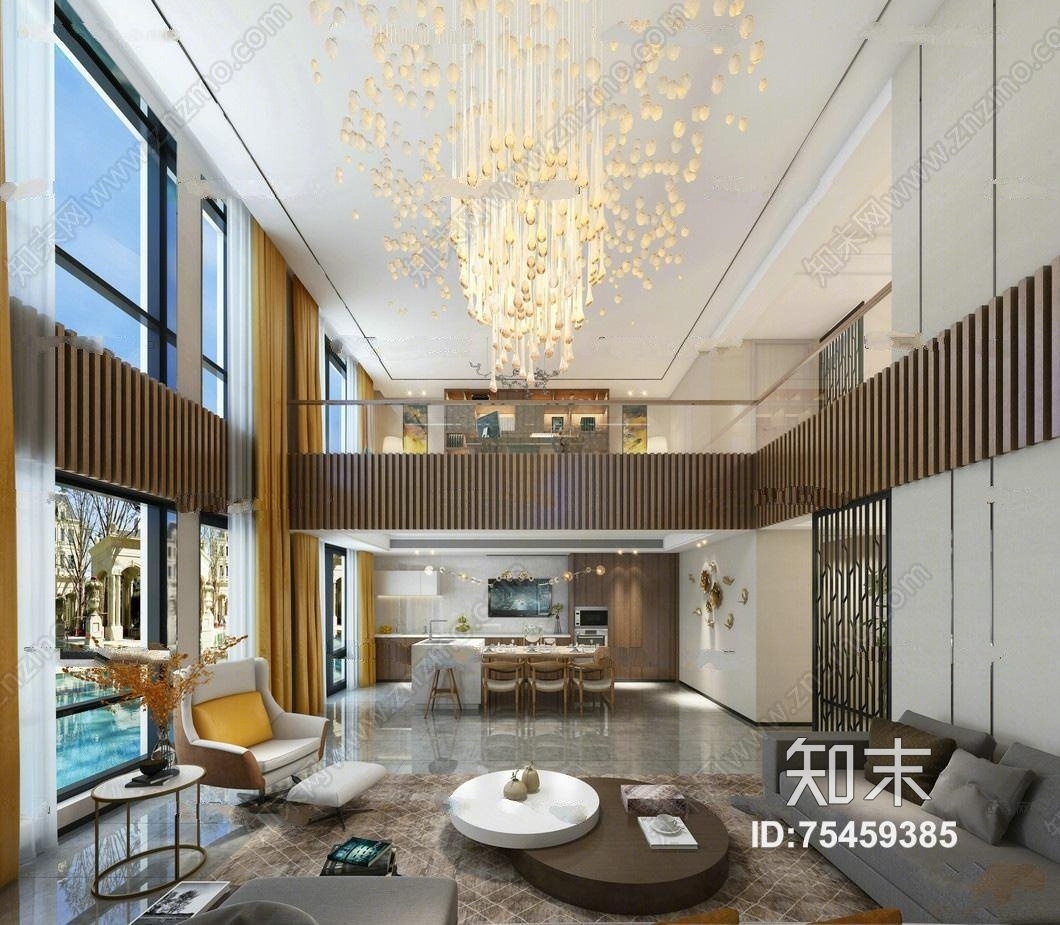 现代别墅客厅餐厅3D模型下载【ID:75459385】