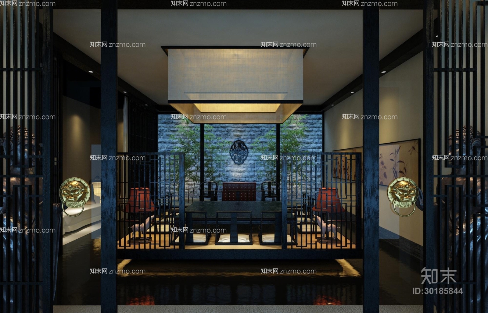 新中式黑色木艺餐桌椅组合3D模型下载【ID:30185844】