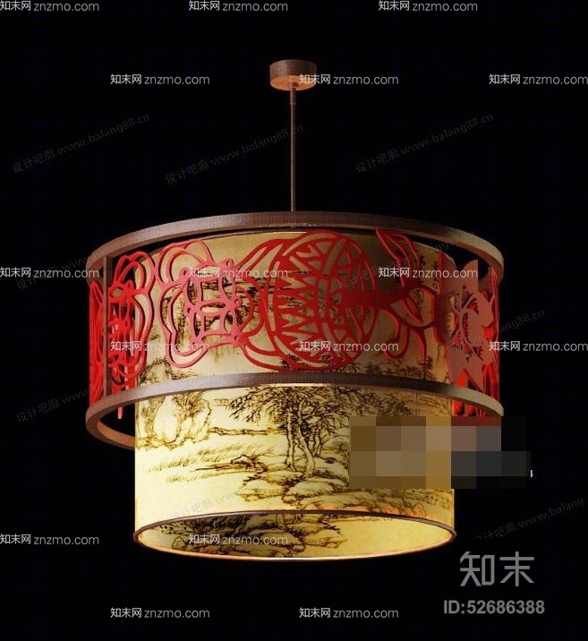 新中式米色羊皮吊灯3D模型下载【ID:52686388】